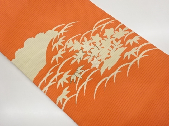 絽塩瀬　銀駒刺繍　桔梗に芝・笹模様刺繍名古屋帯
